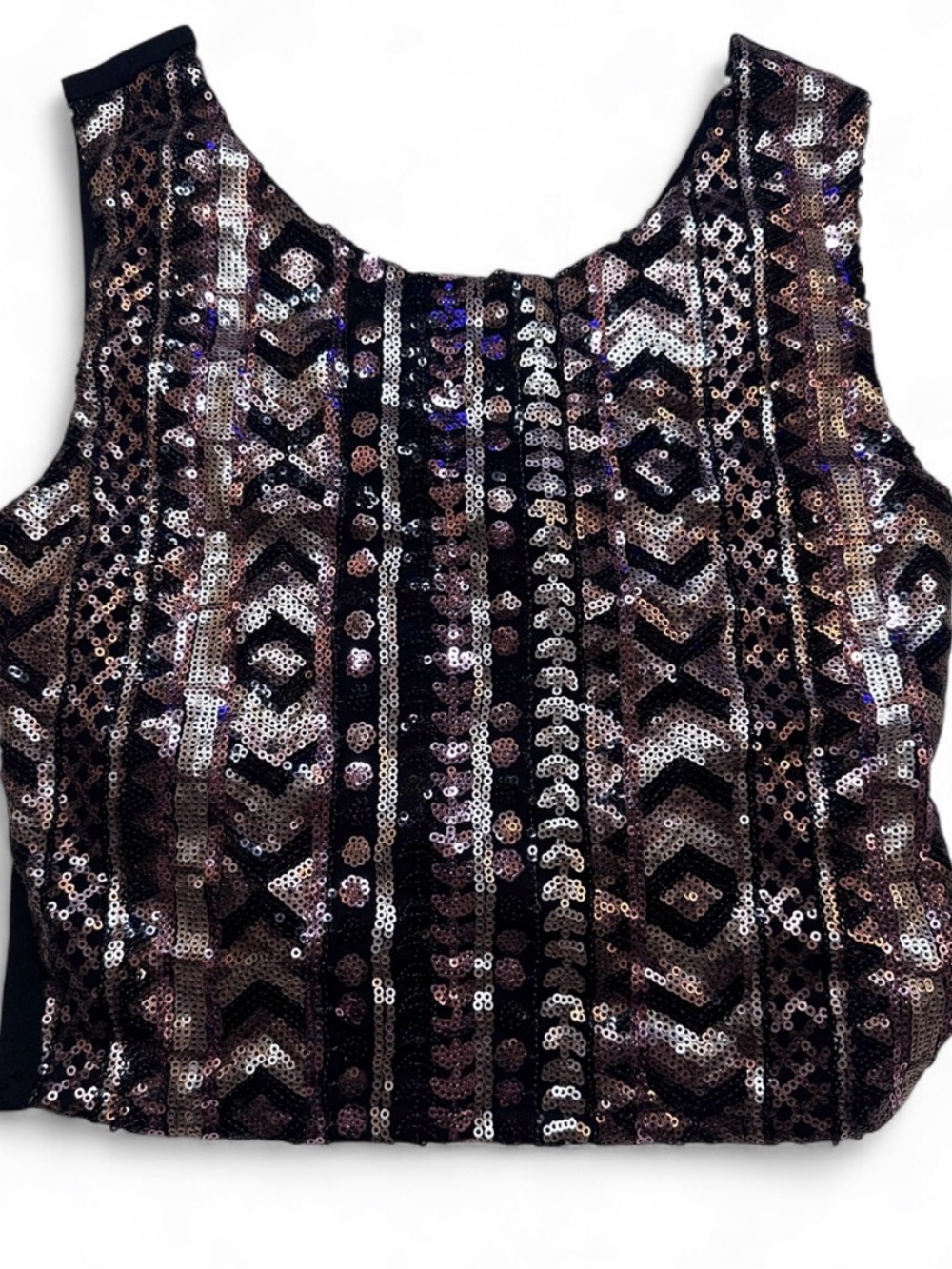 Body Central Black Sequin Geometric Crop Camisole with Rose Accents